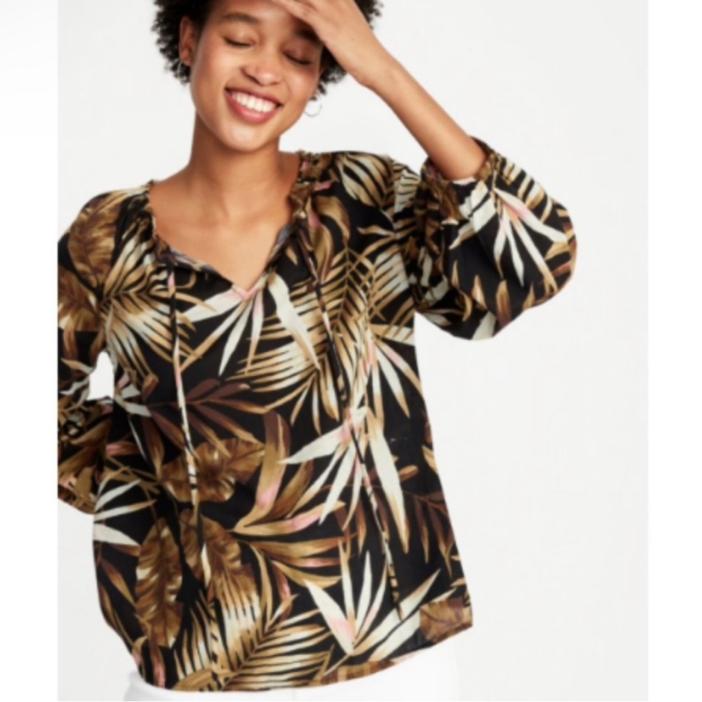Old Navy Tropical print Brown and Tan Tie Front Bohemian Blouse Sz S